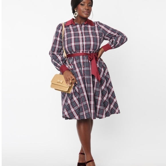 UNIQUE VINTAGE Navy & Burgundy Fit & Flare Plaid Swing Shirt Dress • size 2X/18 - Picture 1 of 4